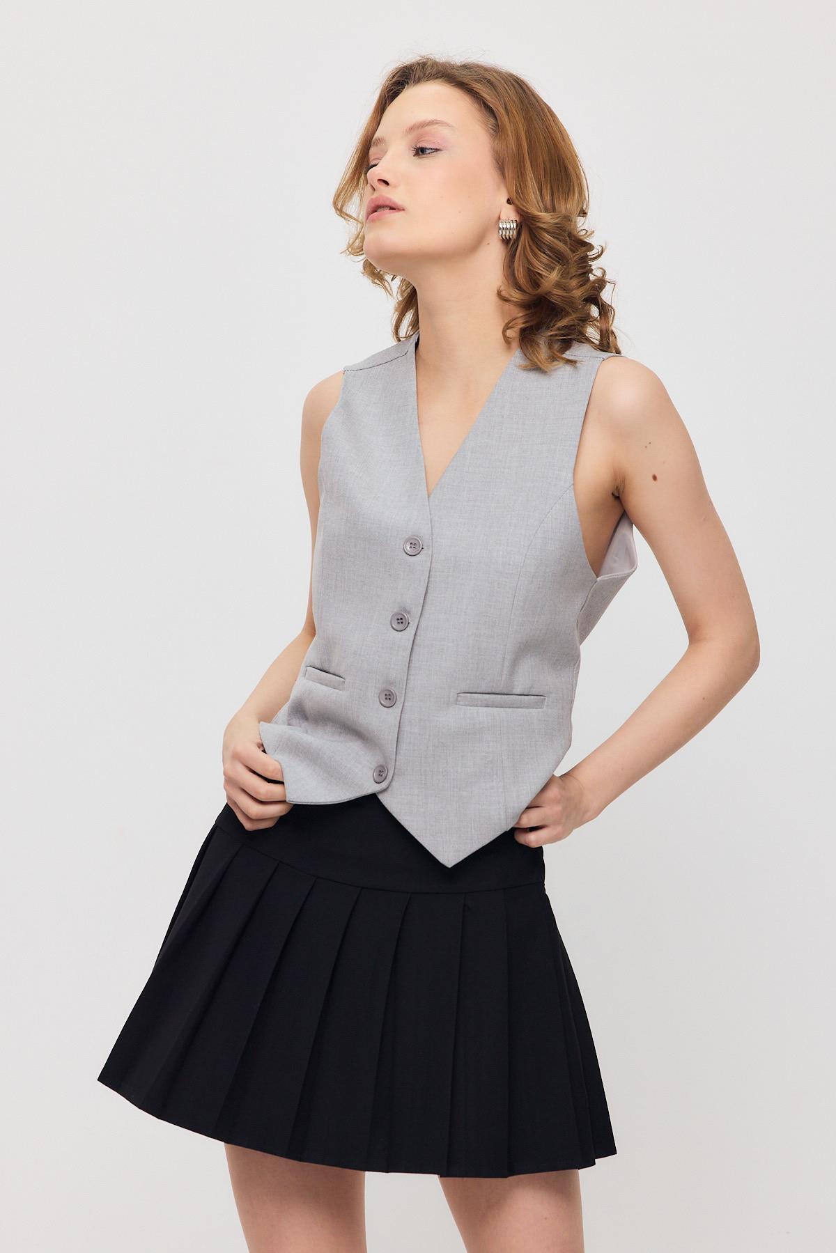 3953 Bel Kemer Detay Yelek Açık Gri - 8