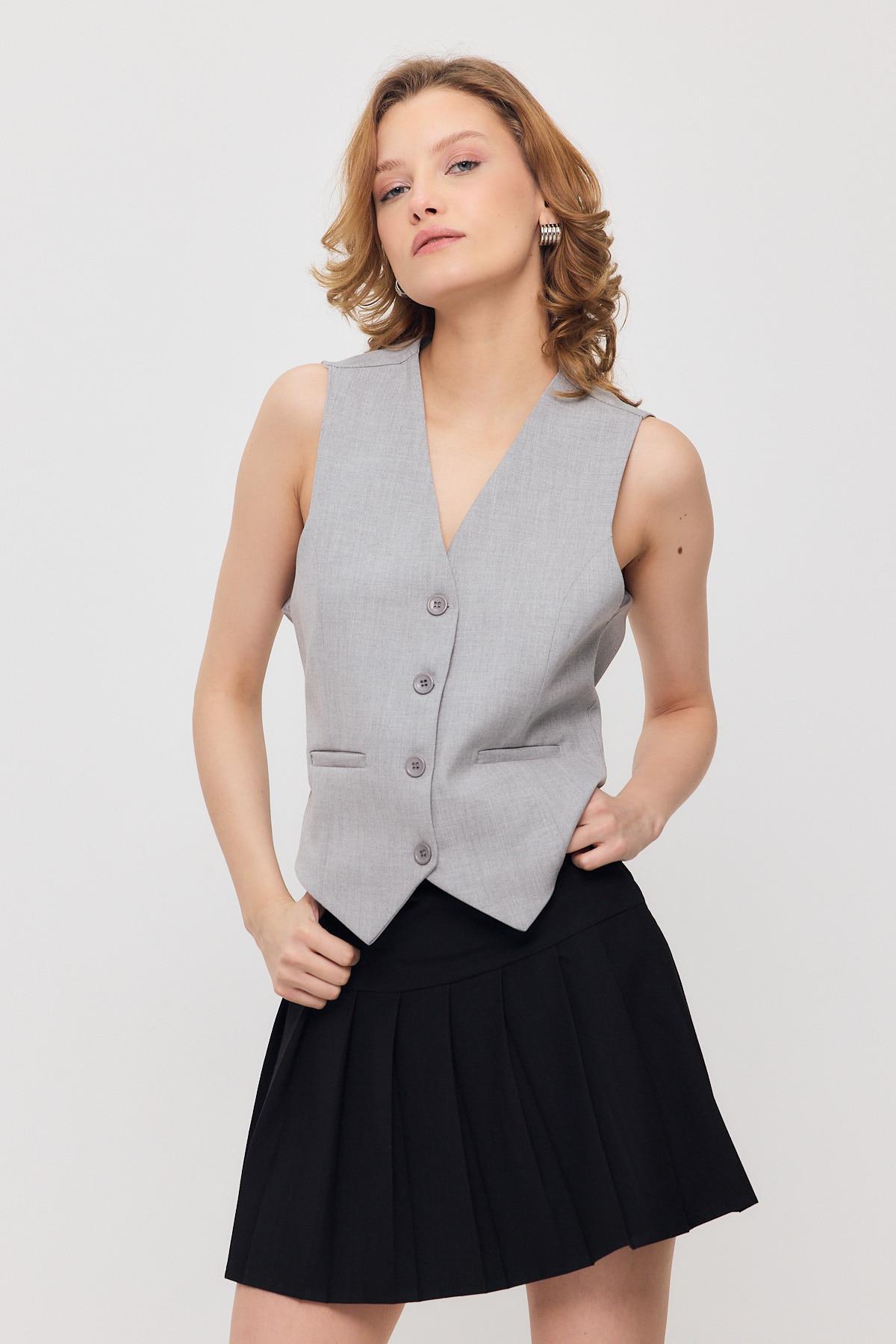 3953 Bel Kemer Detay Yelek Açık Gri 