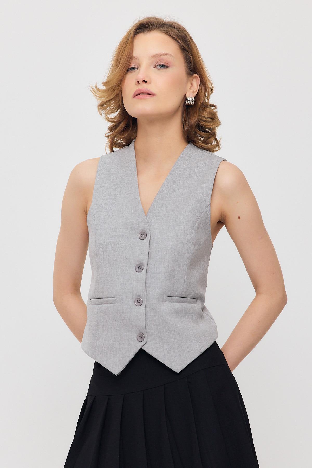 3953 Bel Kemer Detay Yelek Açık Gri - 3