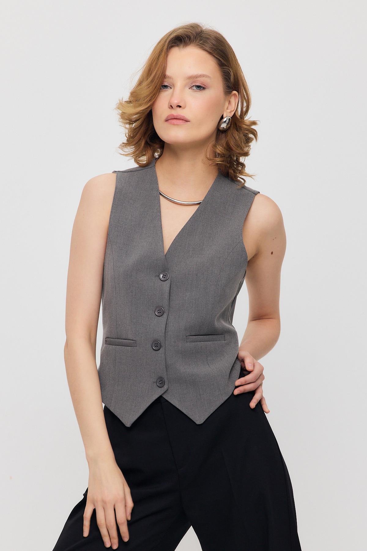 3953 Bel Kemer Detay Yelek Gri 