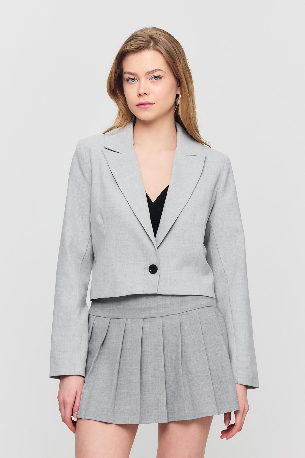 3969 Crop Astarlı Blazer Ceket Açık Gri - 2
