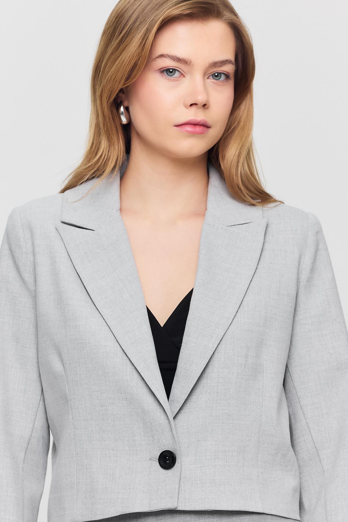 3969 Crop Astarlı Blazer Ceket Açık Gri - 3