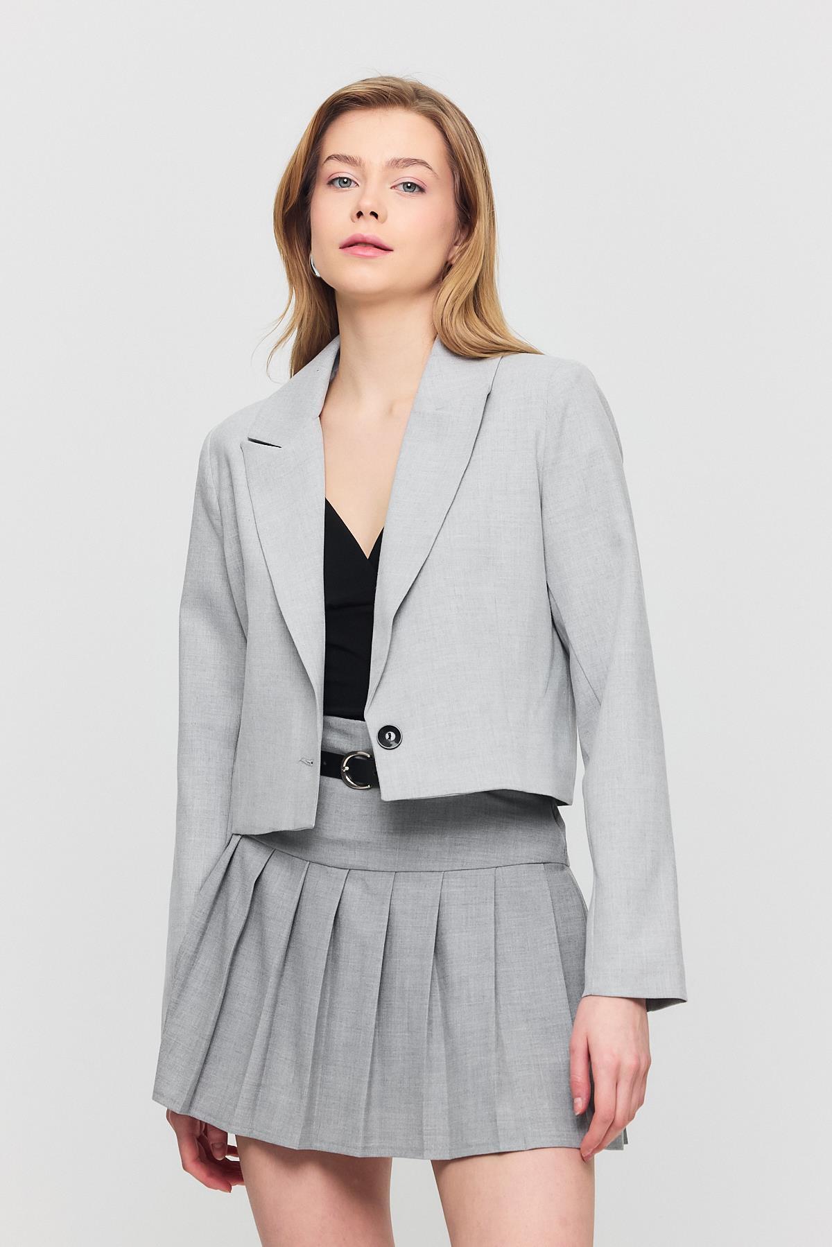 3969 Crop Astarlı Blazer Ceket Açık Gri - 5
