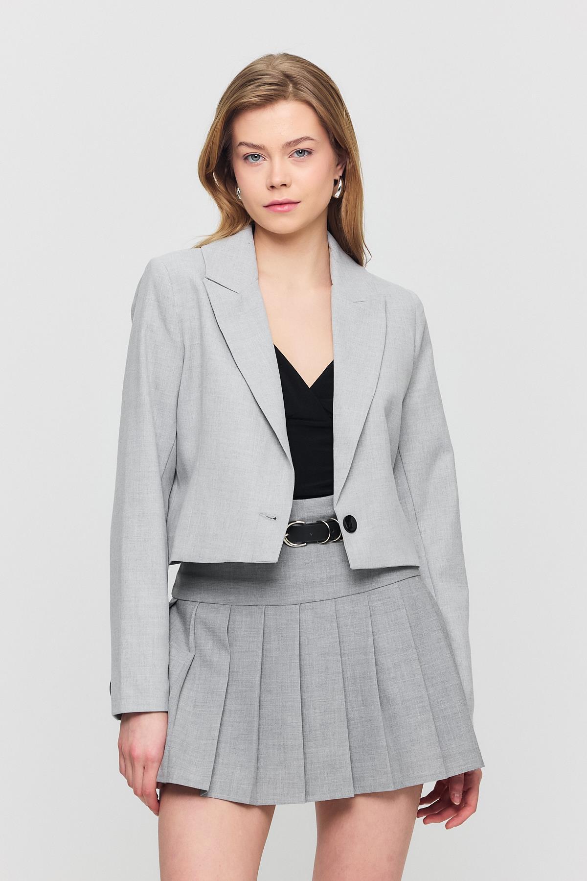 3969 Crop Astarlı Blazer Ceket Açık Gri - 1