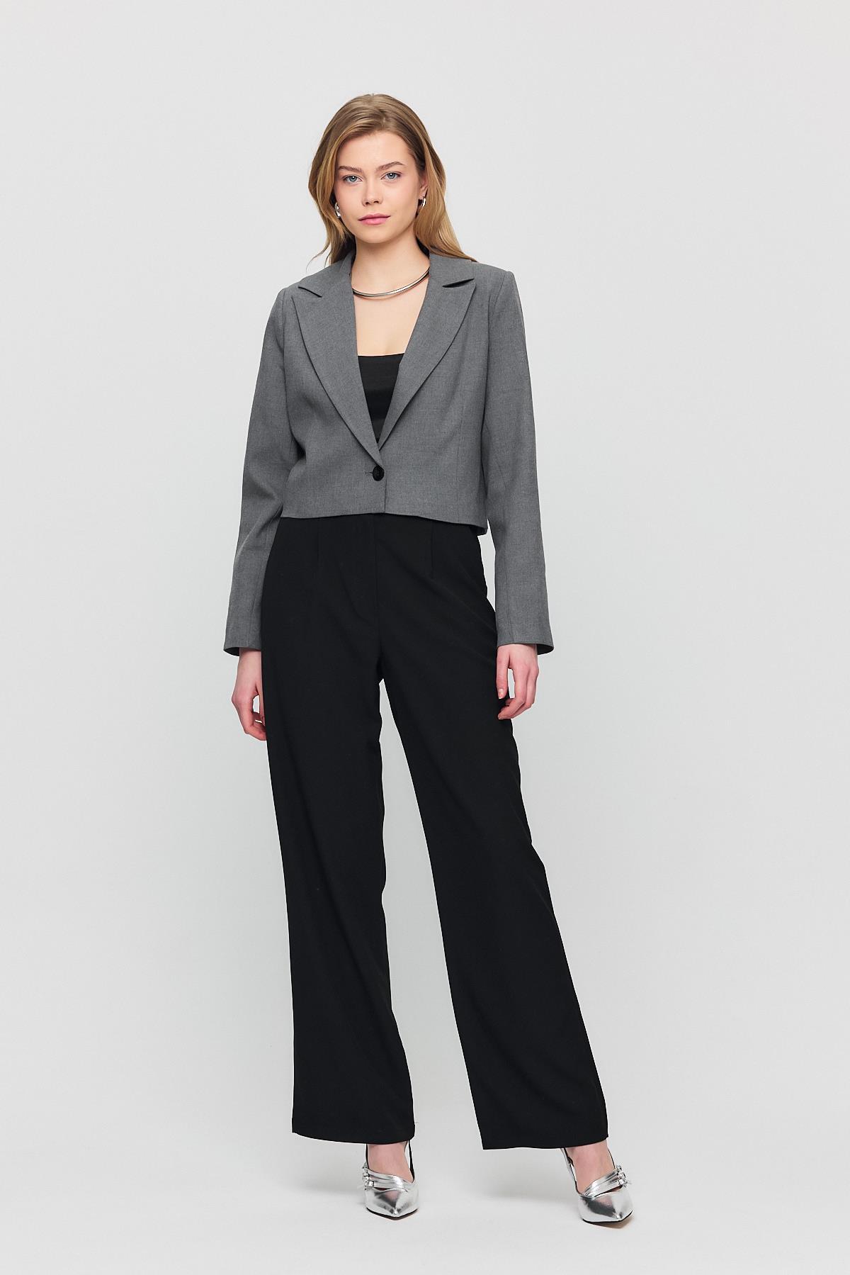 3969 Crop Astarlı Blazer Ceket Gri - RAYS