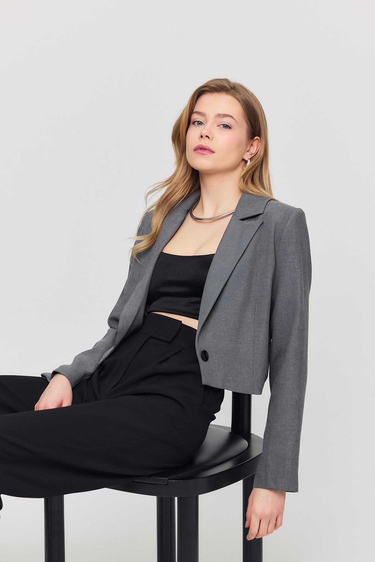 3969 Crop Astarlı Blazer Ceket Gri - 1