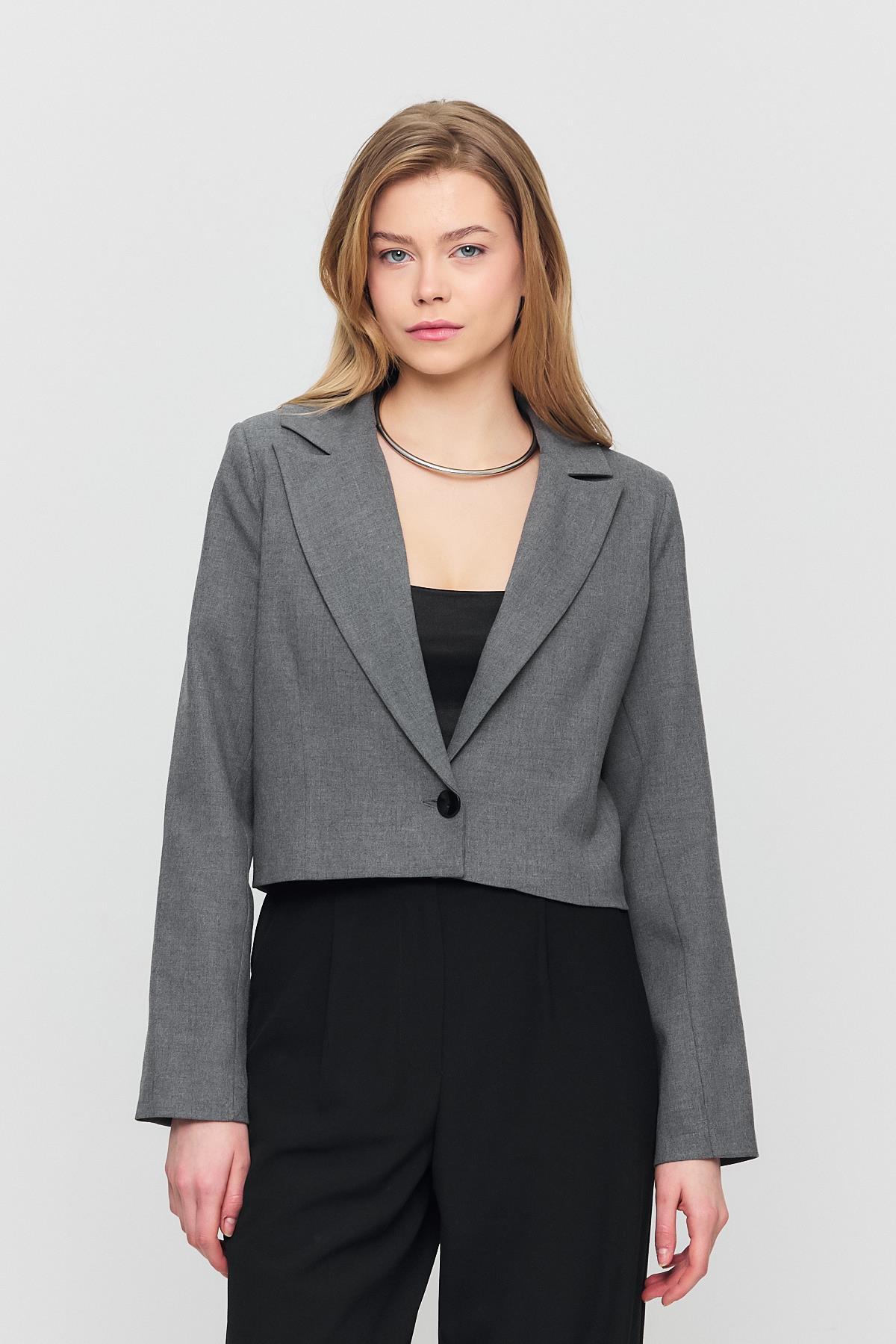 3969 Crop Astarlı Blazer Ceket Gri - 2
