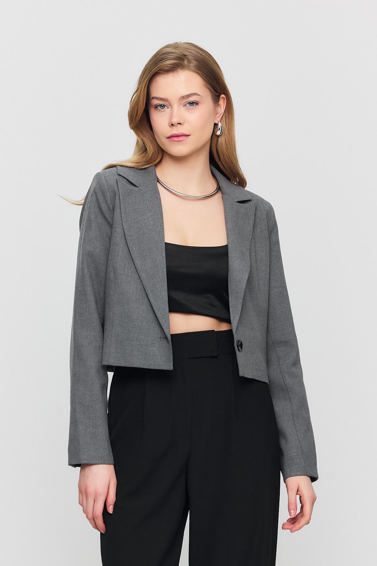 3969 Crop Astarlı Blazer Ceket Gri - 7