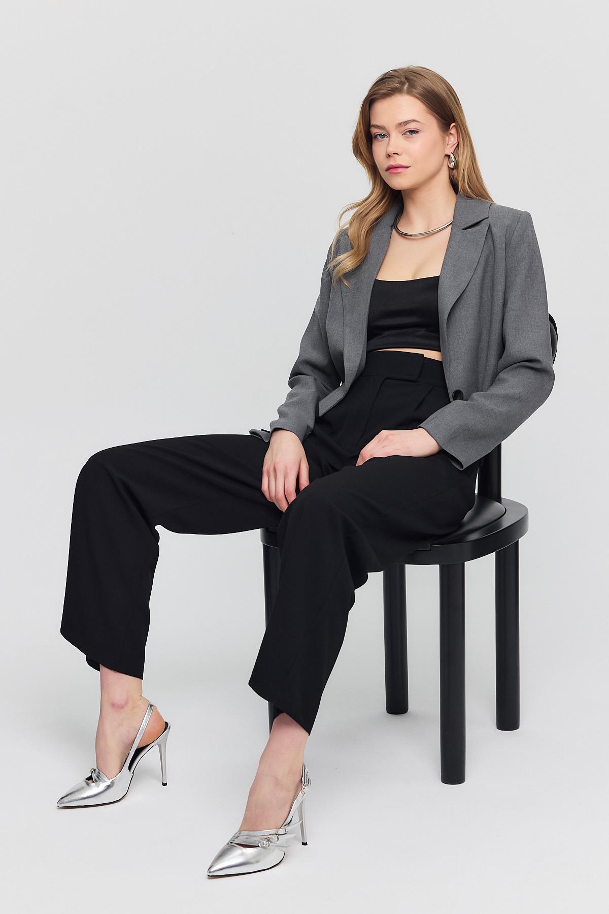 3969 Crop Astarlı Blazer Ceket Gri - 6