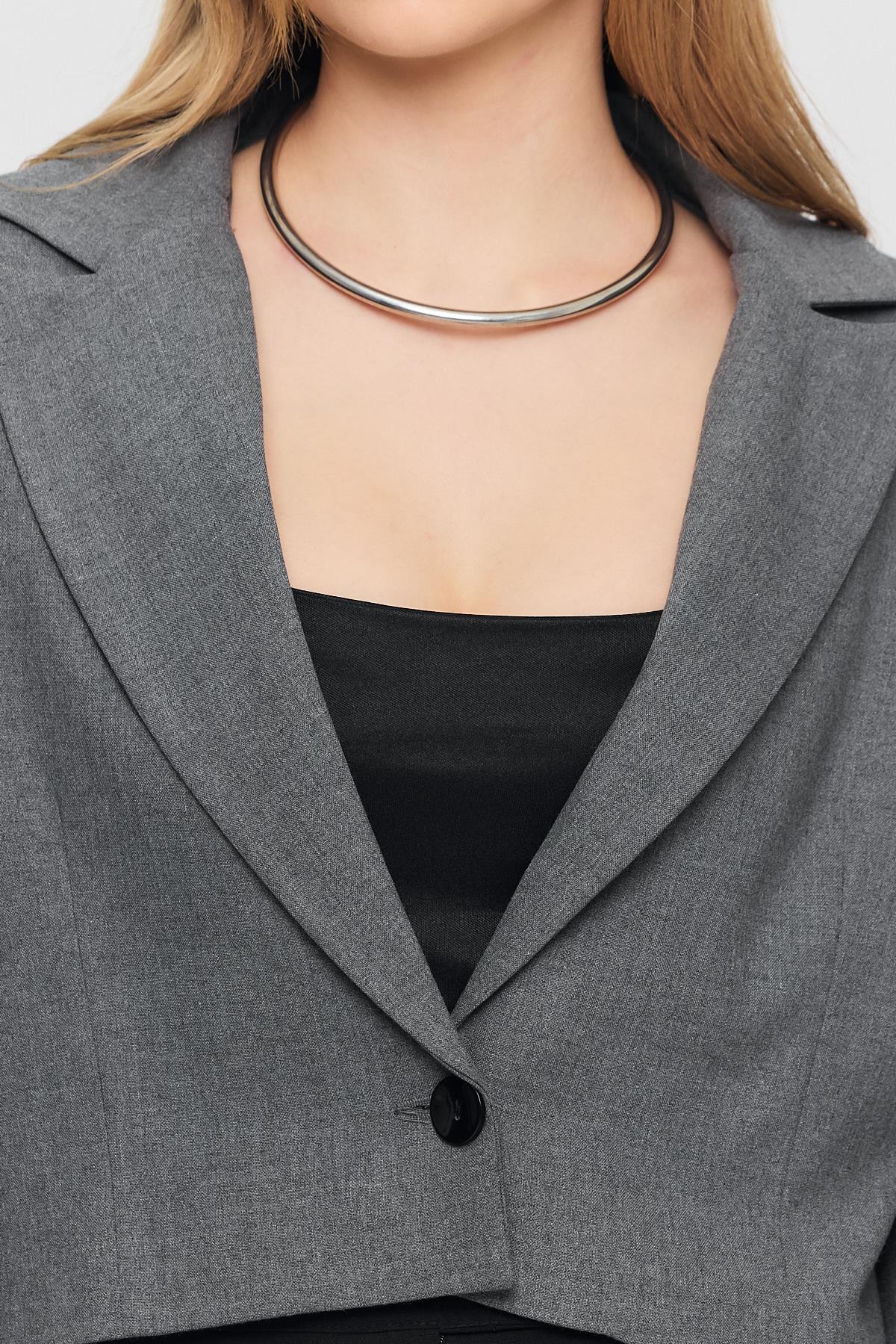 3969 Crop Astarlı Blazer Ceket Gri - 4