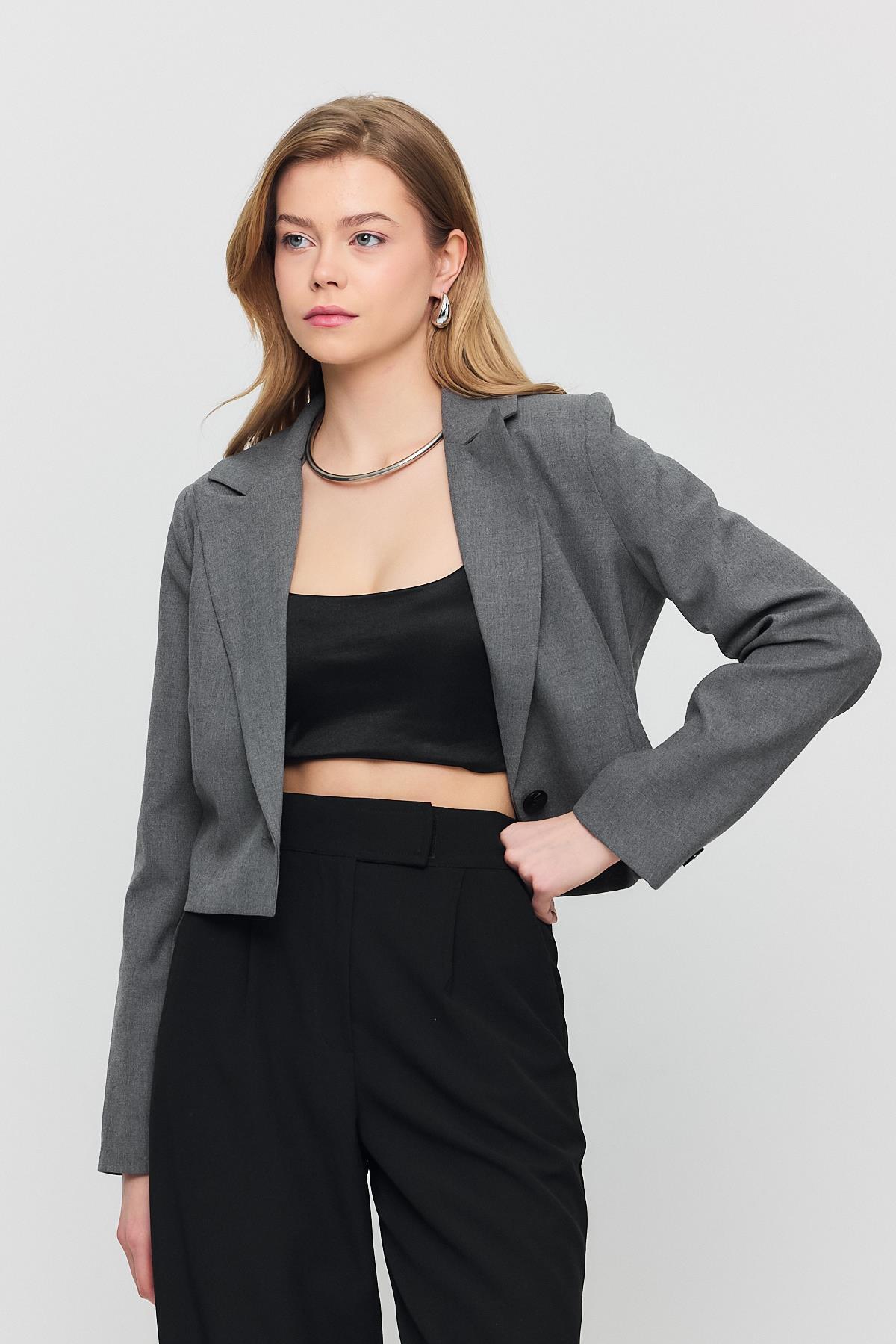 3969 Crop Astarlı Blazer Ceket Gri - 8