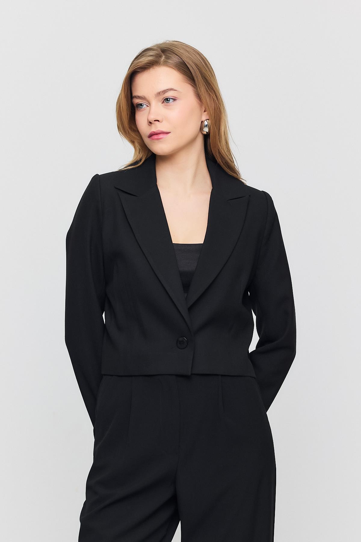 3969 Crop Astarlı Blazer Ceket Siyah - 1