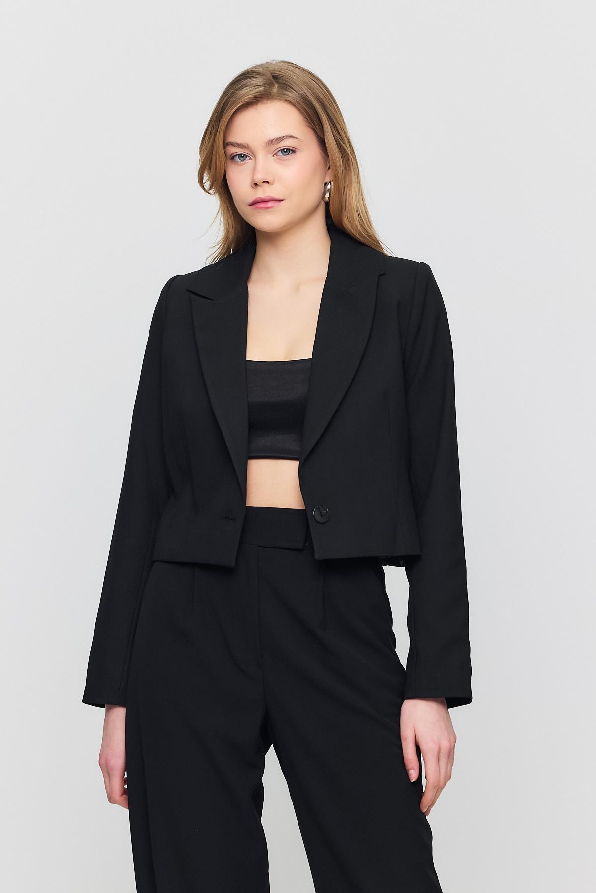 3969 Crop Astarlı Blazer Ceket Siyah - 2