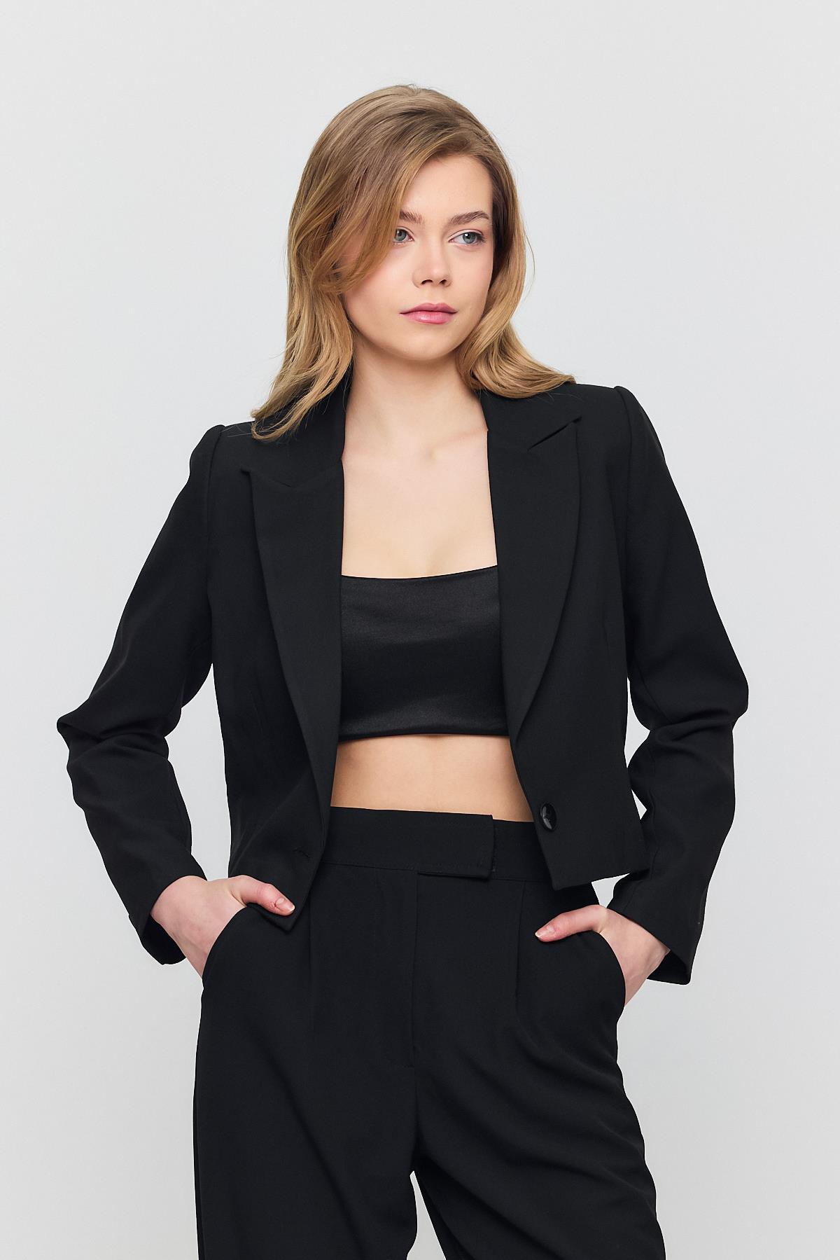 3969 Crop Astarlı Blazer Ceket Siyah - 6