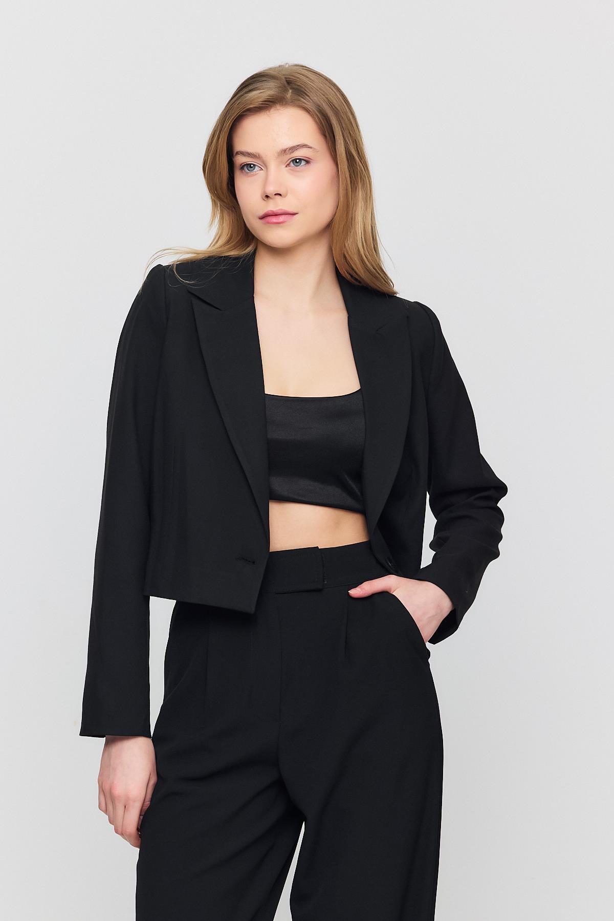 3969 Crop Astarlı Blazer Ceket Siyah - 7