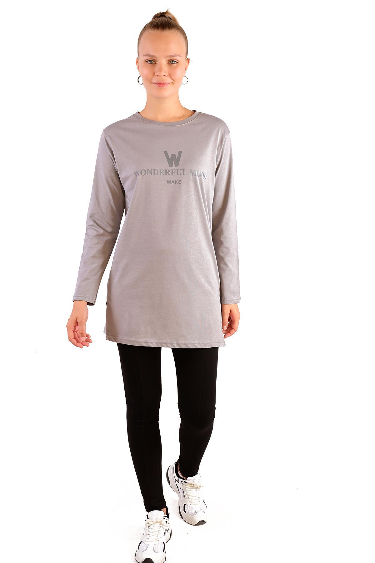 Gri WonderFul Baskılı Uzun Kol Tunik 3981 