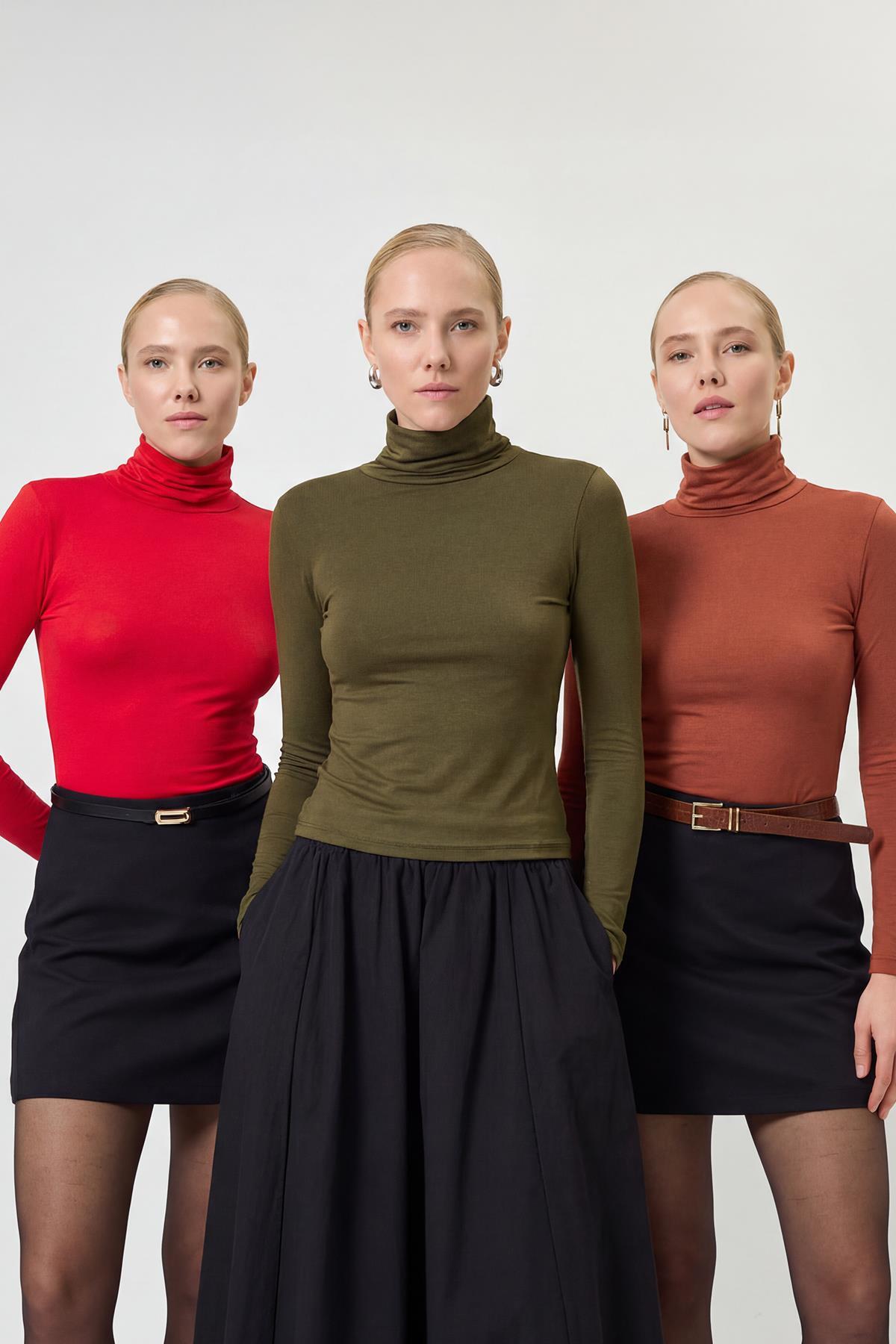 Haki-Kiremit-Kırmızı Balıkçı Yaka Bluz 2504 - 1