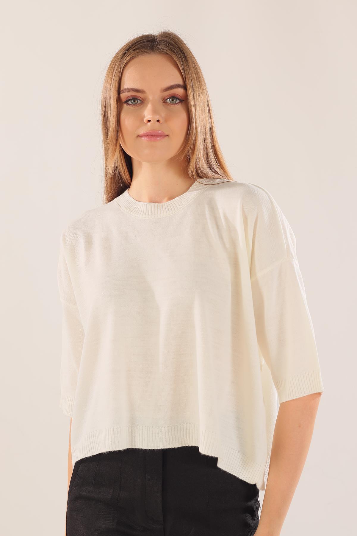 400 Yarım Kol Triko Bluz Ekru 