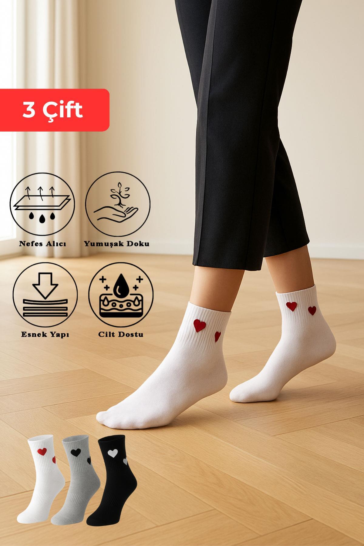 Siyah-Beyaz-Gri 3'lü Kalpli Yarım Konç Çorap 4001 - RAYS