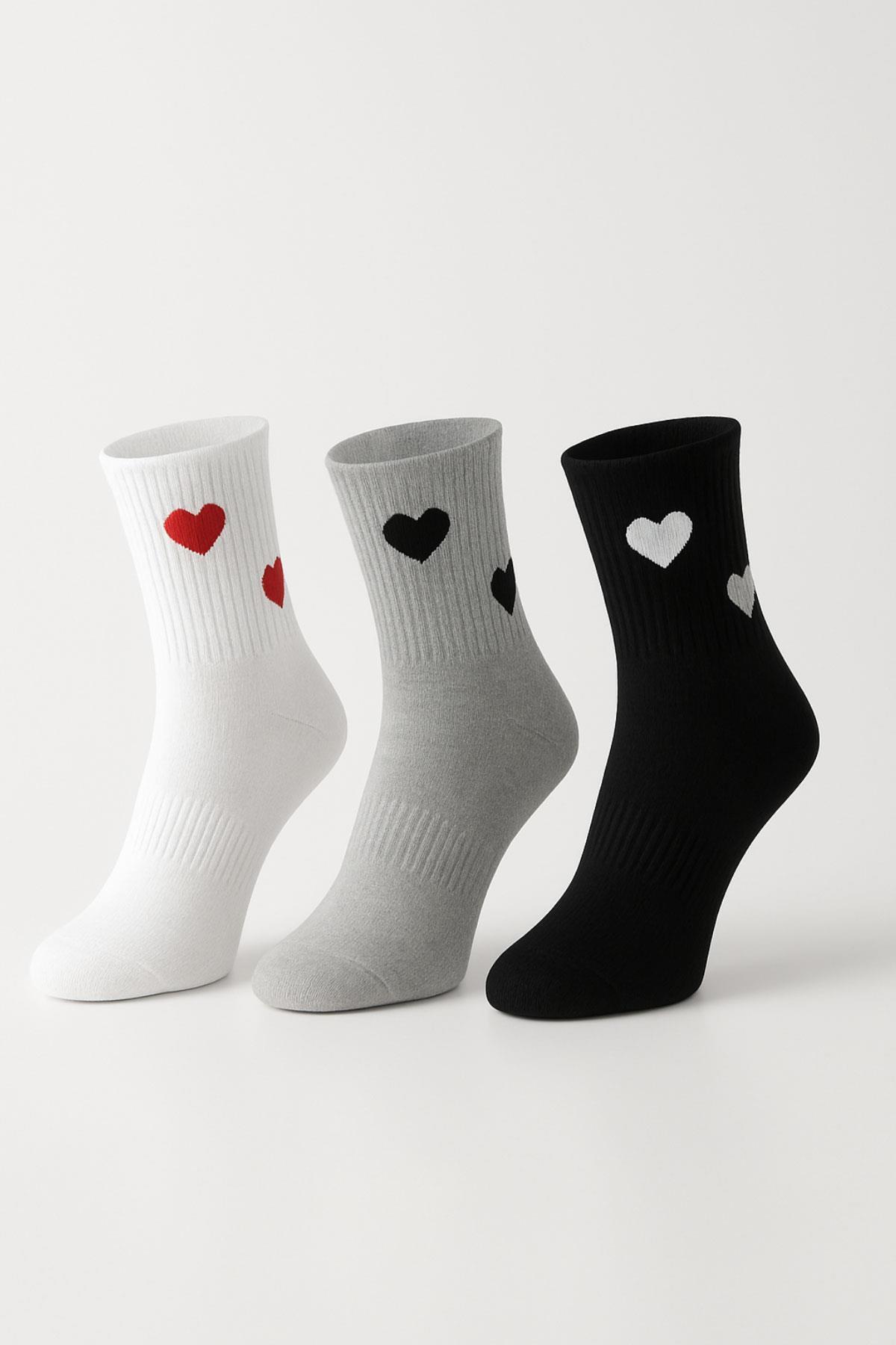 Siyah-Beyaz-Gri 3'lü Kalpli Yarım Konç Çorap 4001 - RAYS