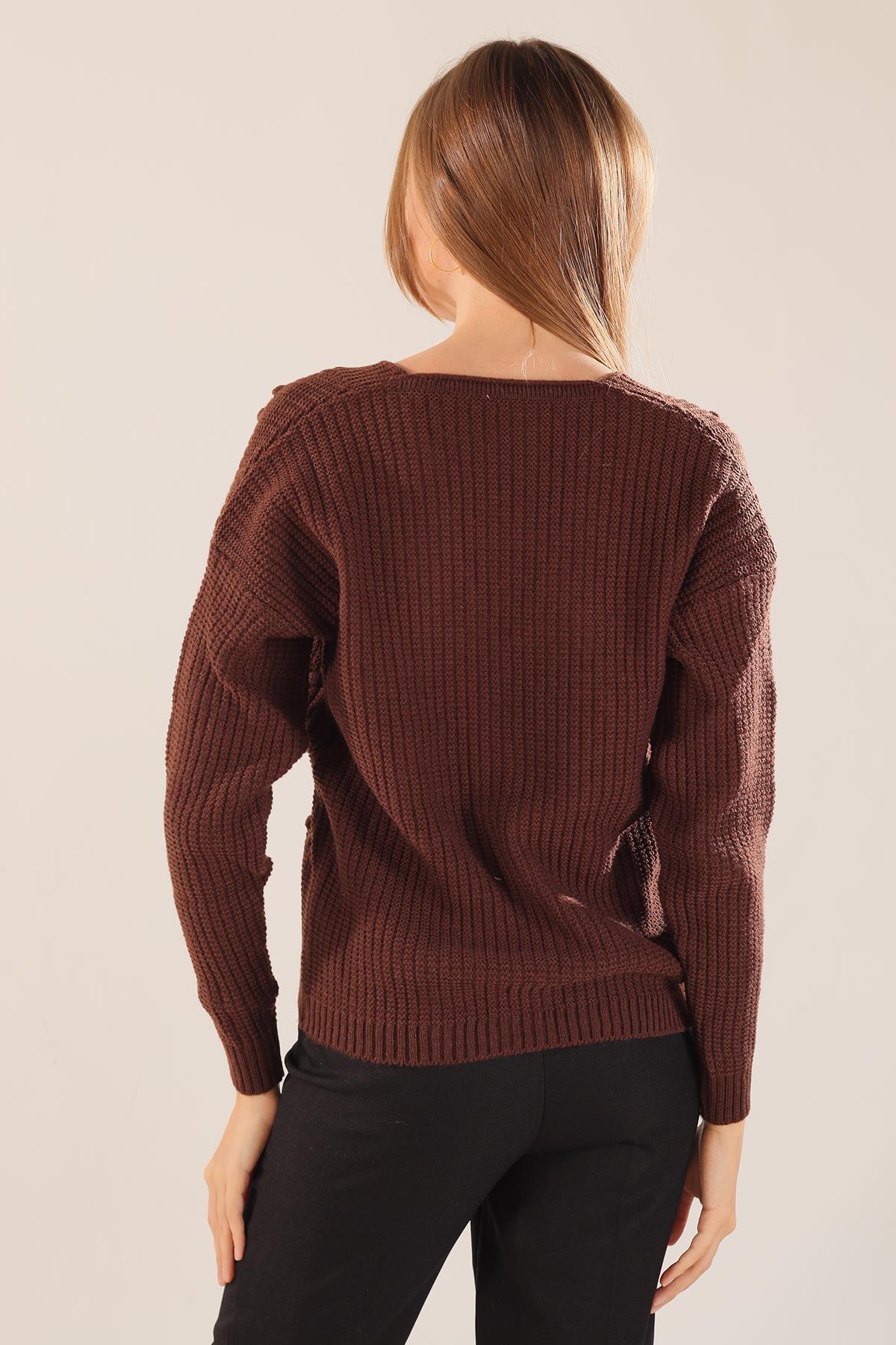 4002 Kabartma Desen Düğmeli Hırka Acı Kahve - 4