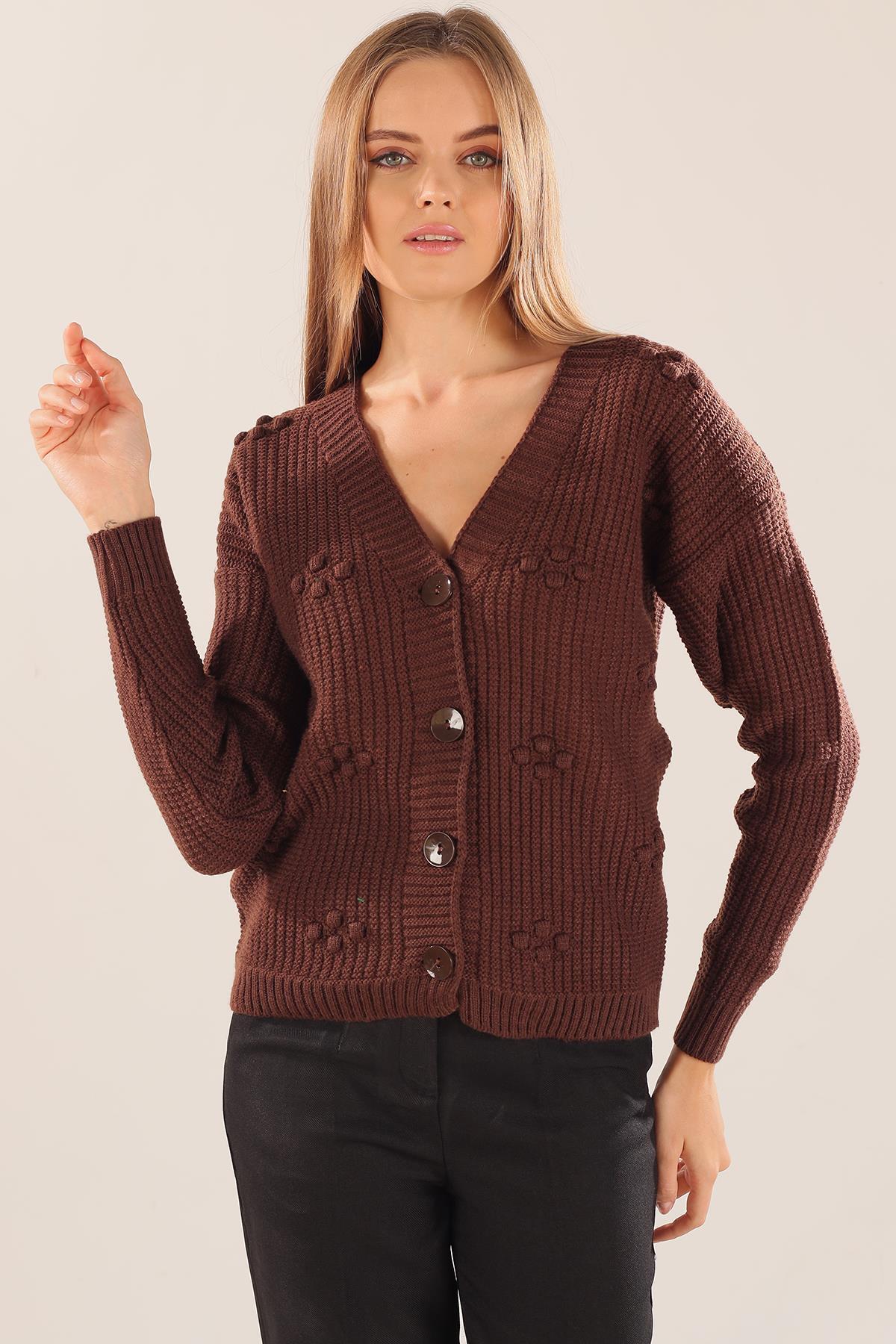 Acı Kahve Kabartma Desen Düğmeli Hırka 4002 - 3