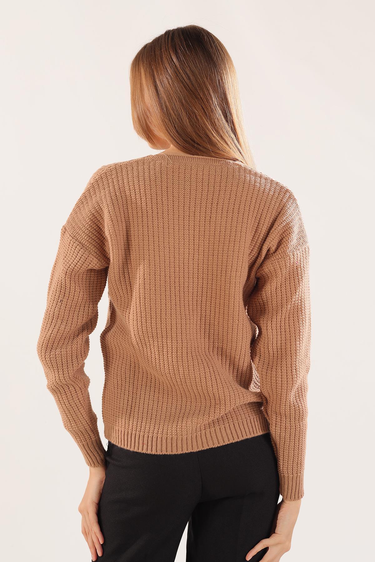 Camel Kabartma Desen Düğmeli Hırka 4002 - 6