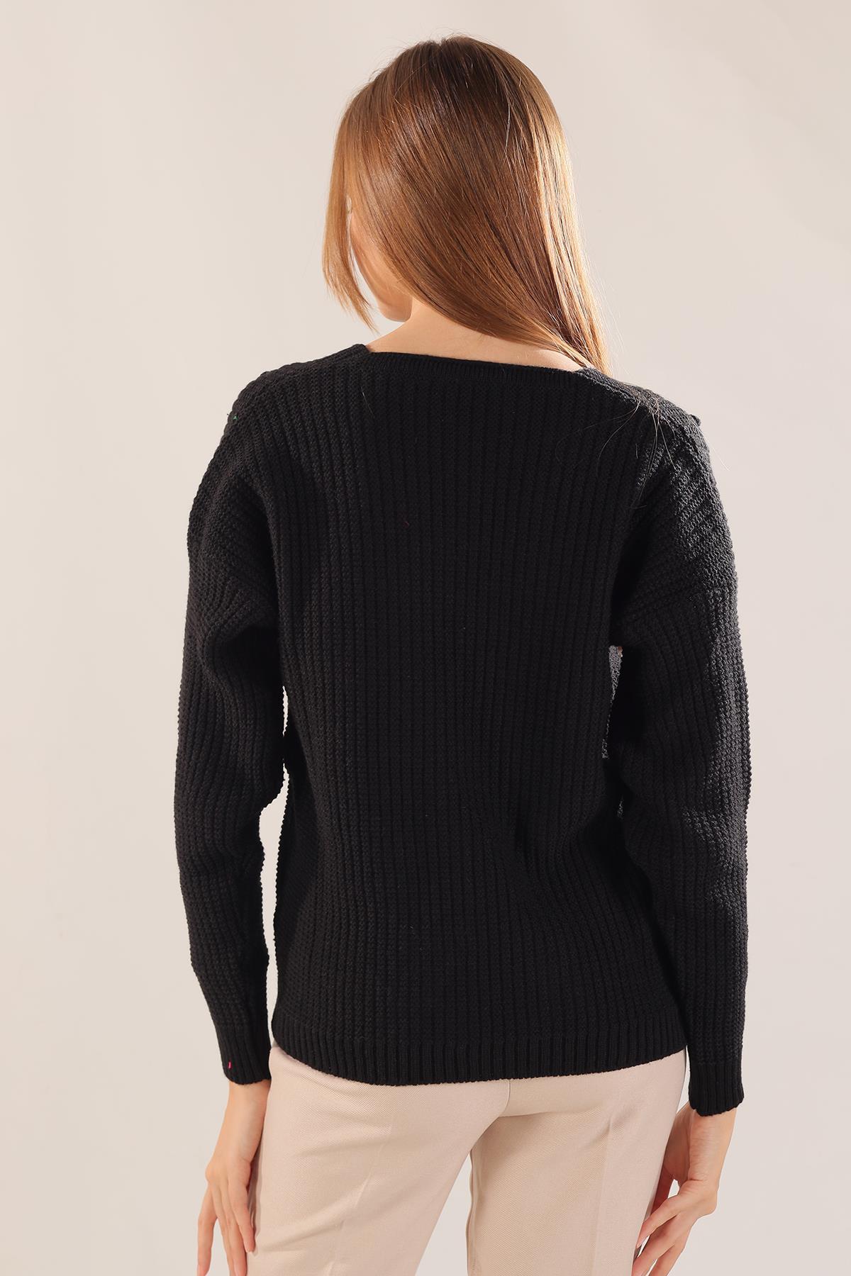 Siyah Kabartma Desen Düğmeli Hırka 4002 - 5