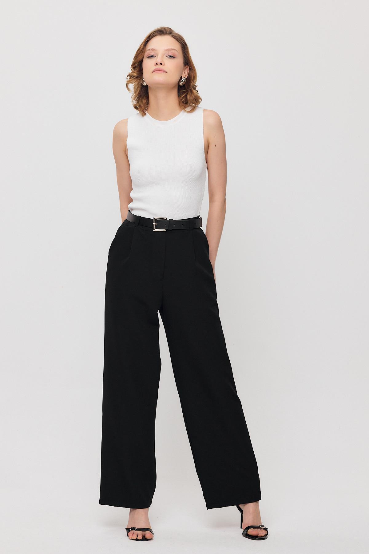 Siyah Pile Detay Palazzo Pantolon 4003A - 7