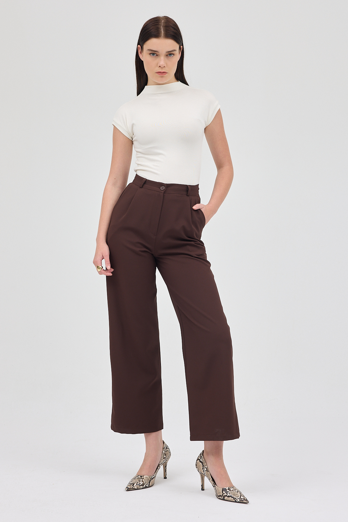 Acı Kahve Pile Detaylı Yüksek Bel Palazzo Kadın Pantolon 4003A - RAYS