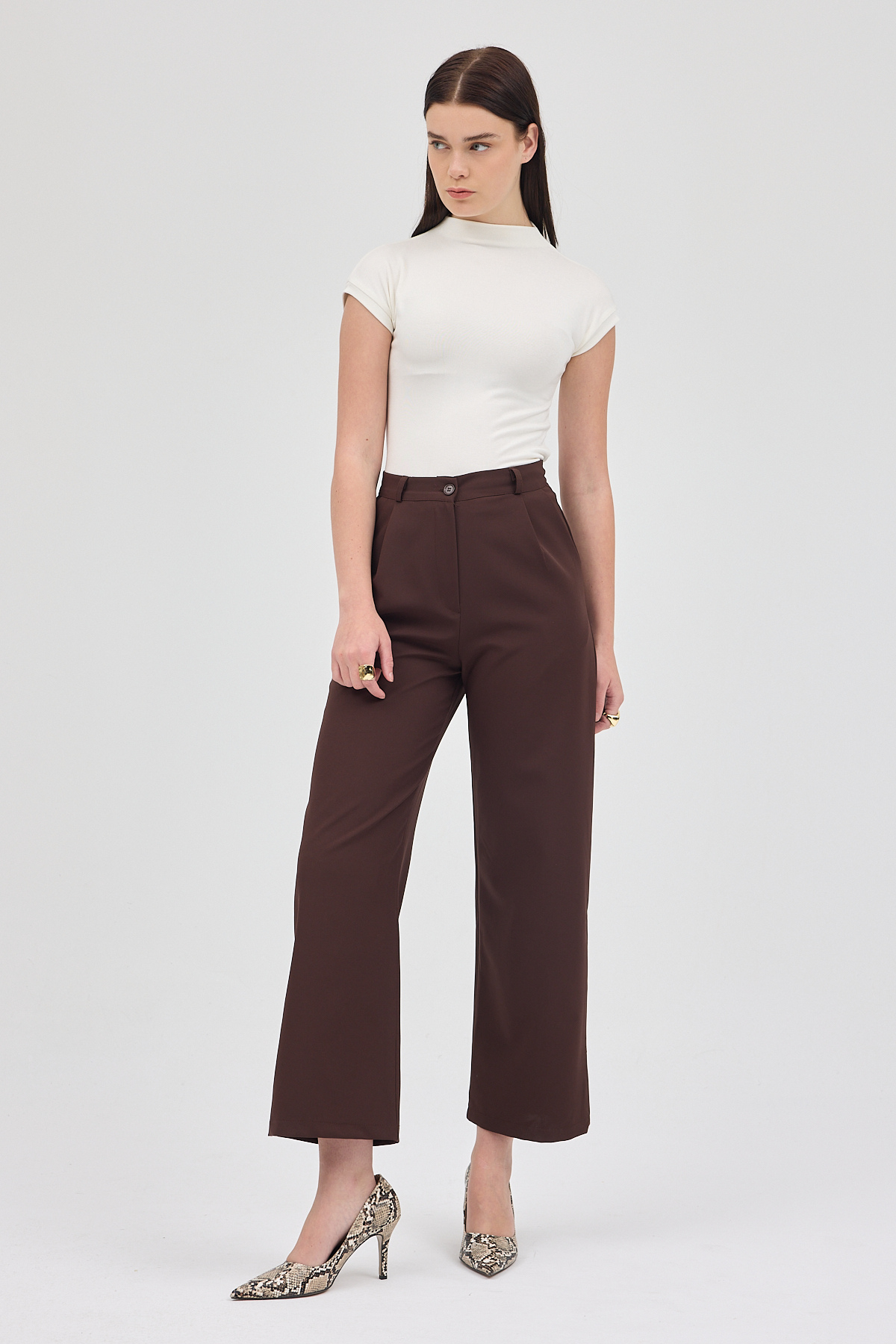 Acı Kahve Pile Detaylı Yüksek Bel Palazzo Kadın Pantolon 4003A - 6