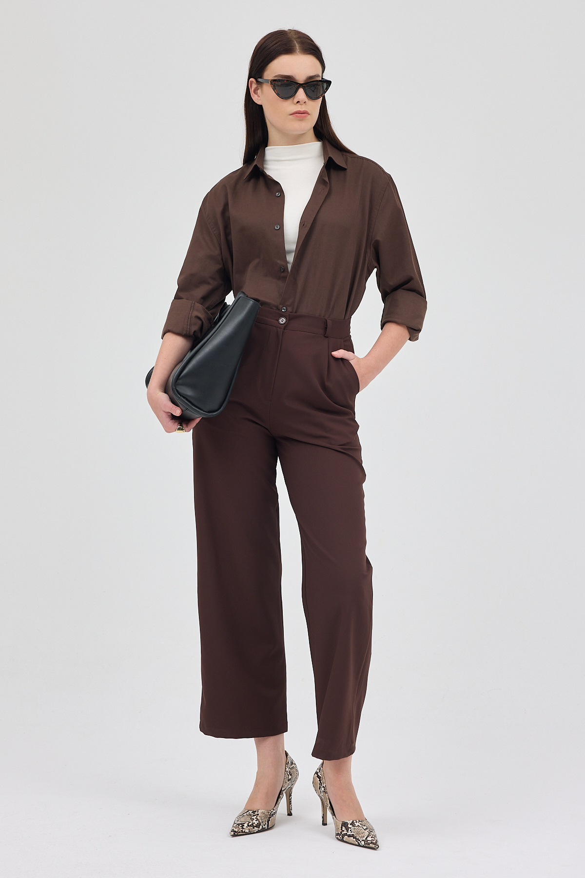 Acı Kahve Pile Detaylı Yüksek Bel Palazzo Kadın Pantolon 4003A - 7