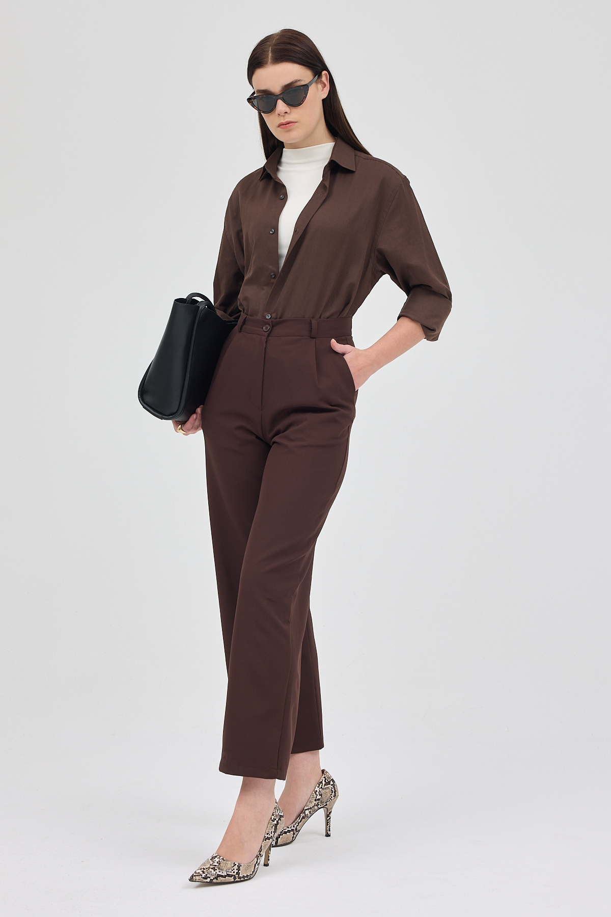 Acı Kahve Pile Detaylı Yüksek Bel Palazzo Kadın Pantolon 4003A - 3