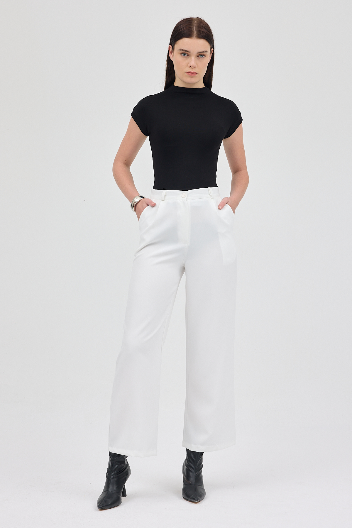 Beyaz Pile Detaylı Yüksek Bel Palazzo Kadın Pantolon 4003A - 1