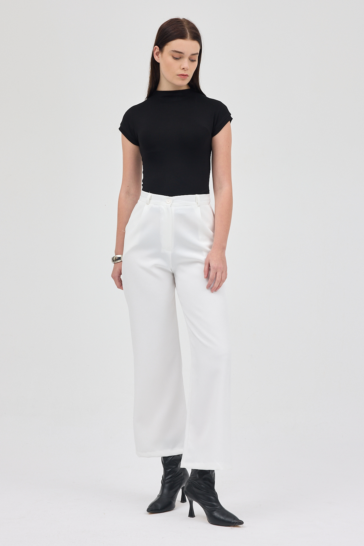 Beyaz Pile Detaylı Yüksek Bel Palazzo Kadın Pantolon 4003A - 2