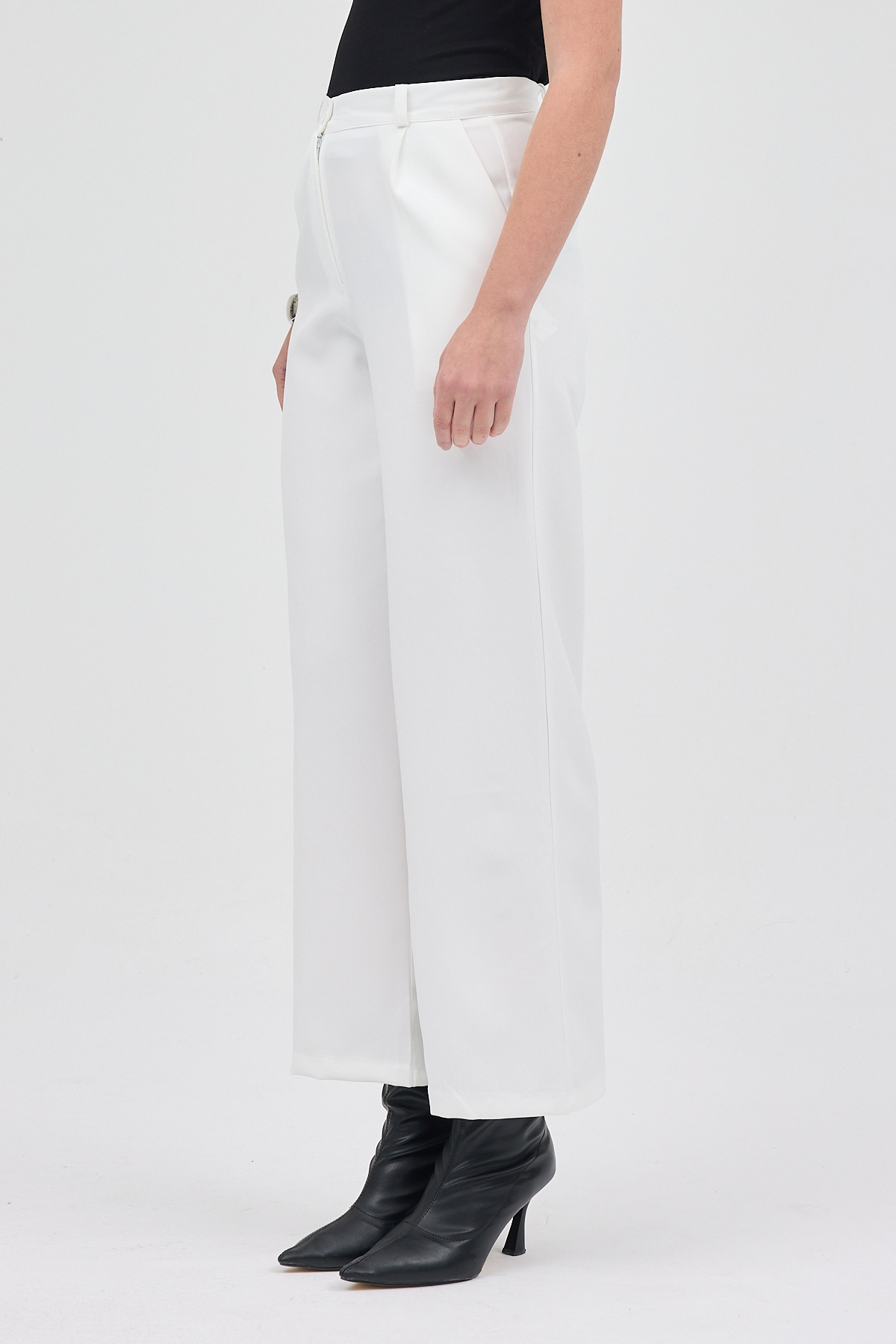 Beyaz Pile Detaylı Yüksek Bel Palazzo Kadın Pantolon 4003A - 3
