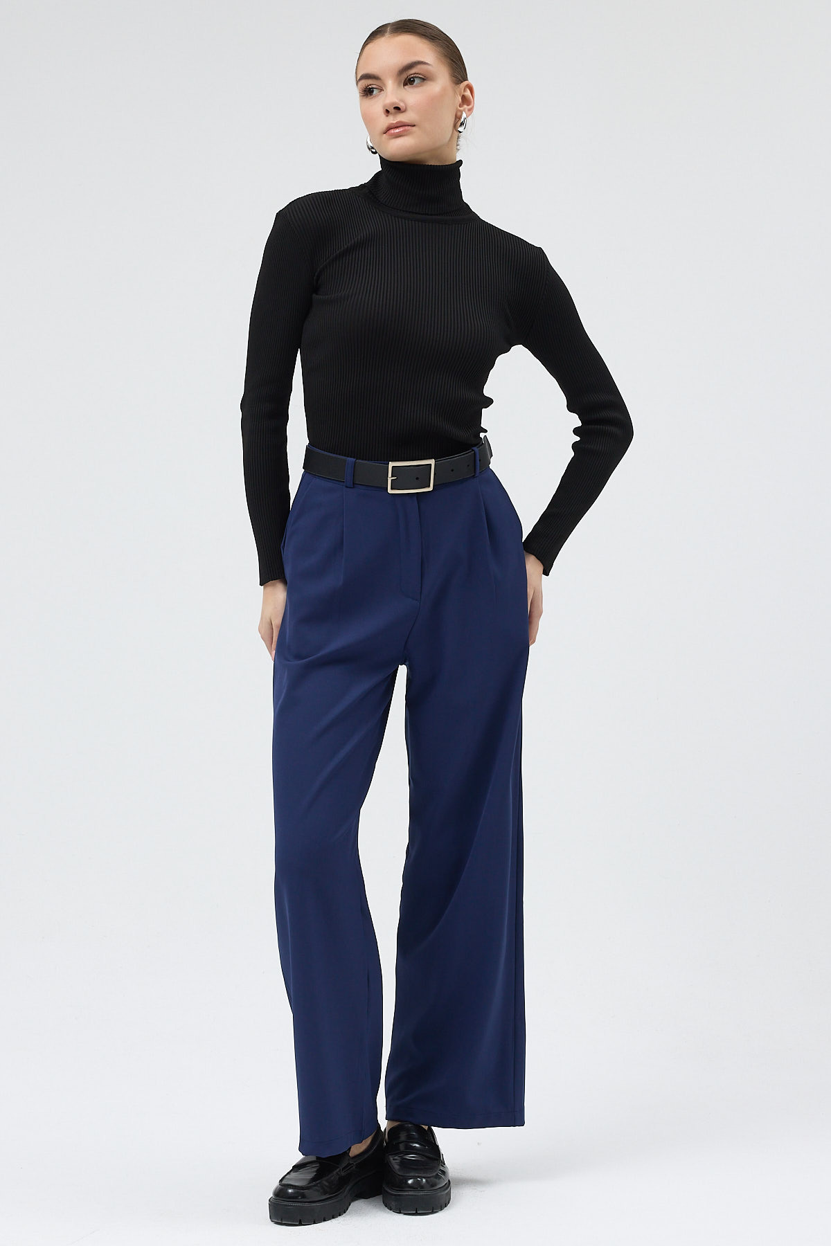Lacivert Pile Detaylı Yüksek Bel Palazzo Kadın Pantolon 4003A - RAYS (1)