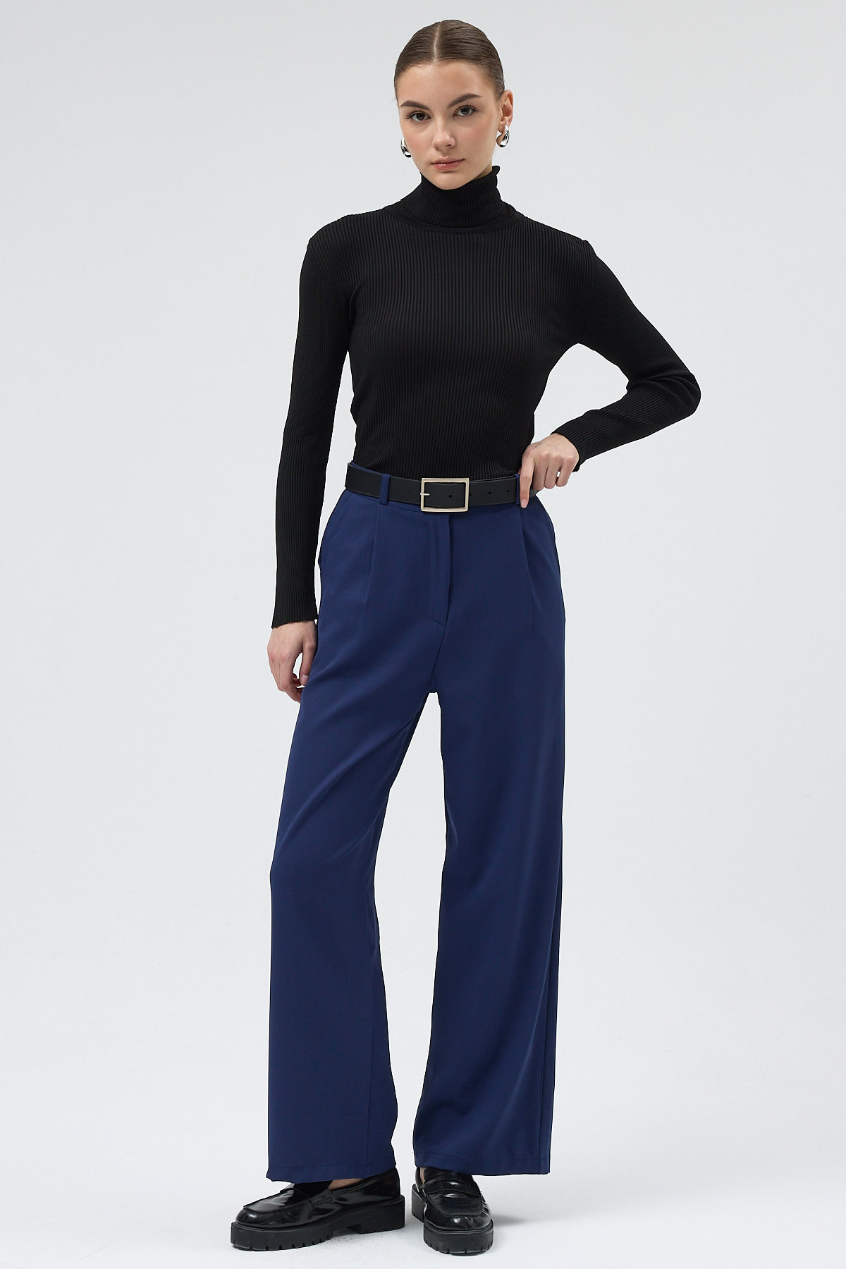 Lacivert Pile Detaylı Yüksek Bel Palazzo Kadın Pantolon 4003A - 6