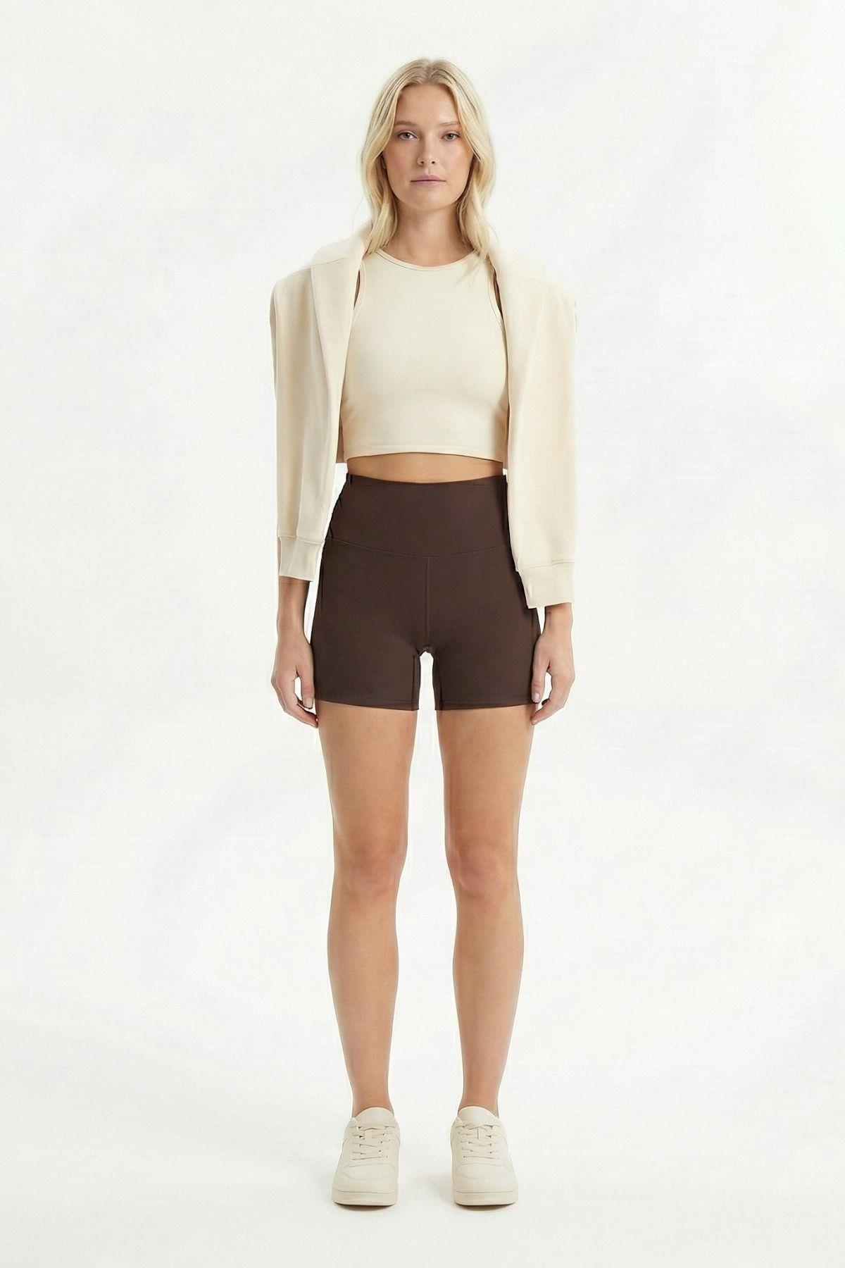 4006 Premium Kumaş Katlamalı Toparlayıcı Şort Kahve - 3