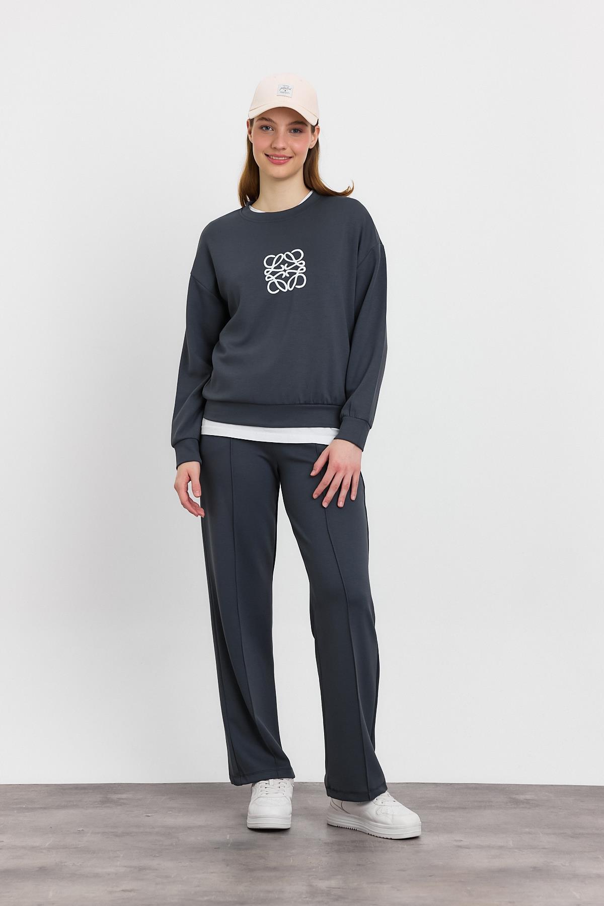 4013 Nakış Detay Pantolon Takım Antrasit - RAYS