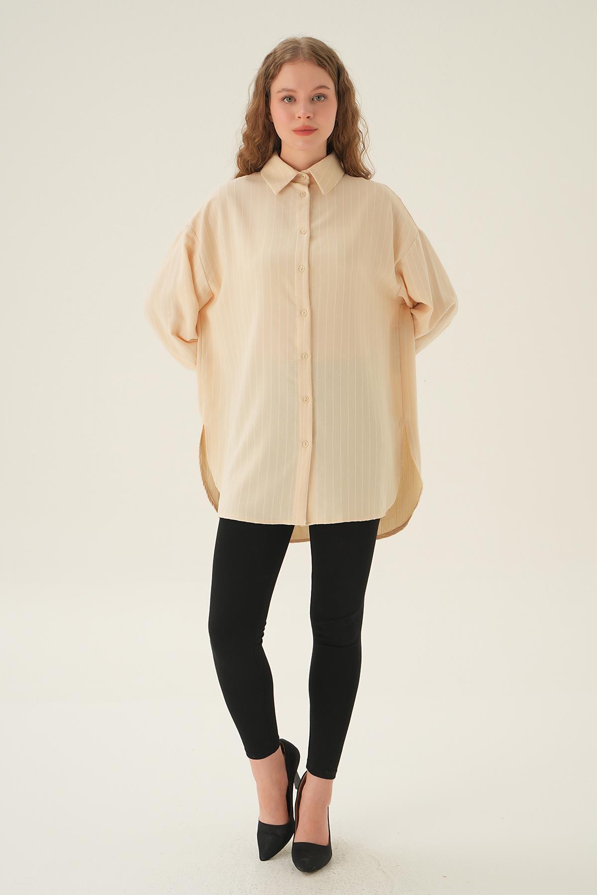 Bej Çizgili Oversize Gömlek 4013A - 2