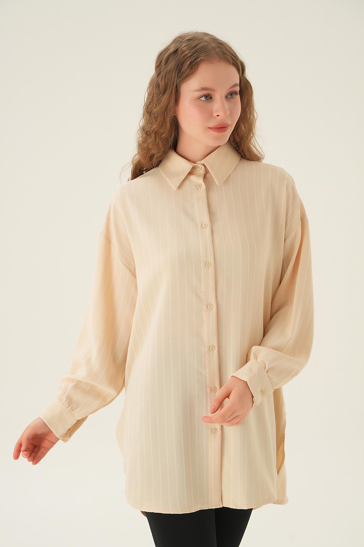 Bej Çizgili Oversize Gömlek 4013A - 3
