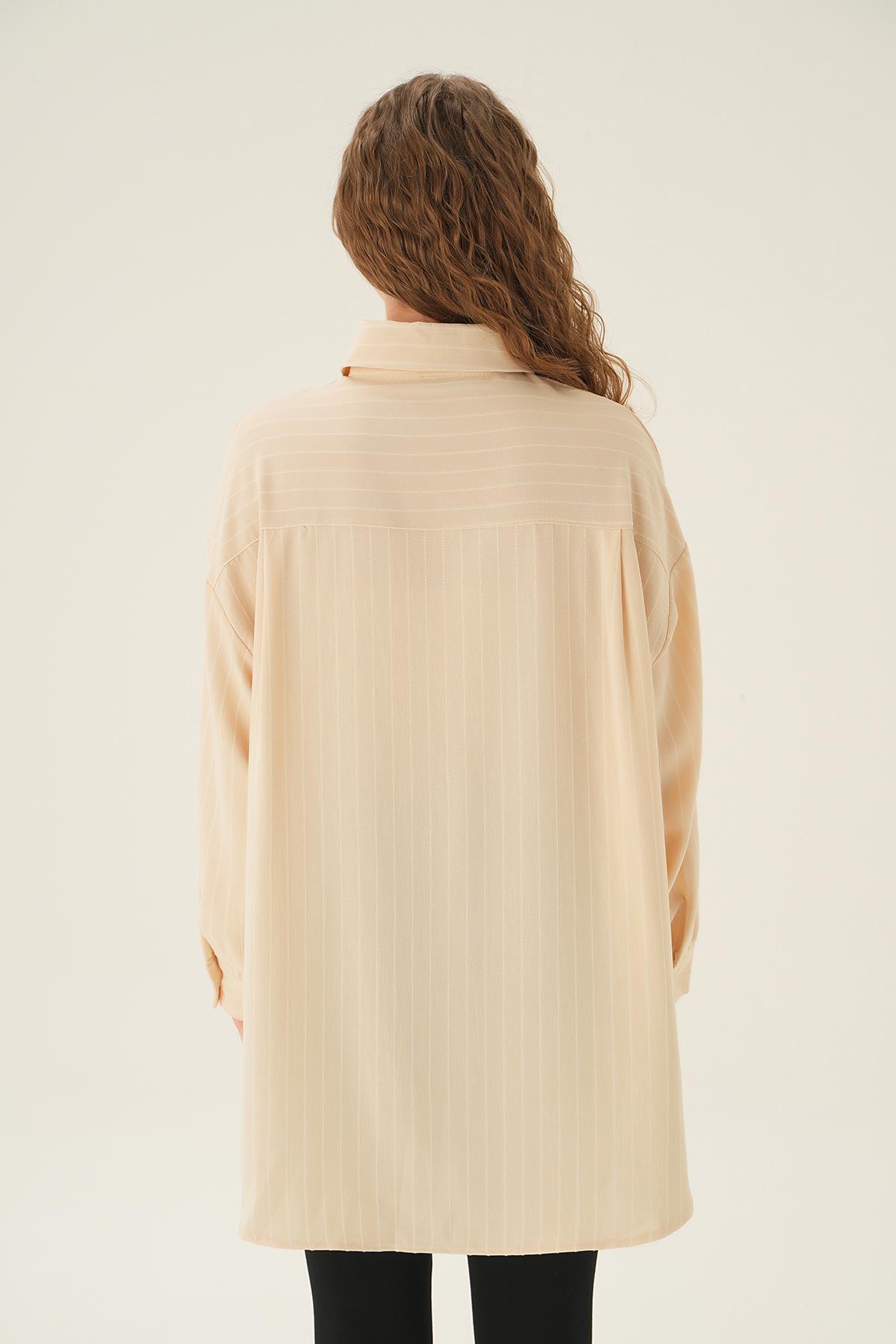 Bej Çizgili Oversize Gömlek 4013A - 4