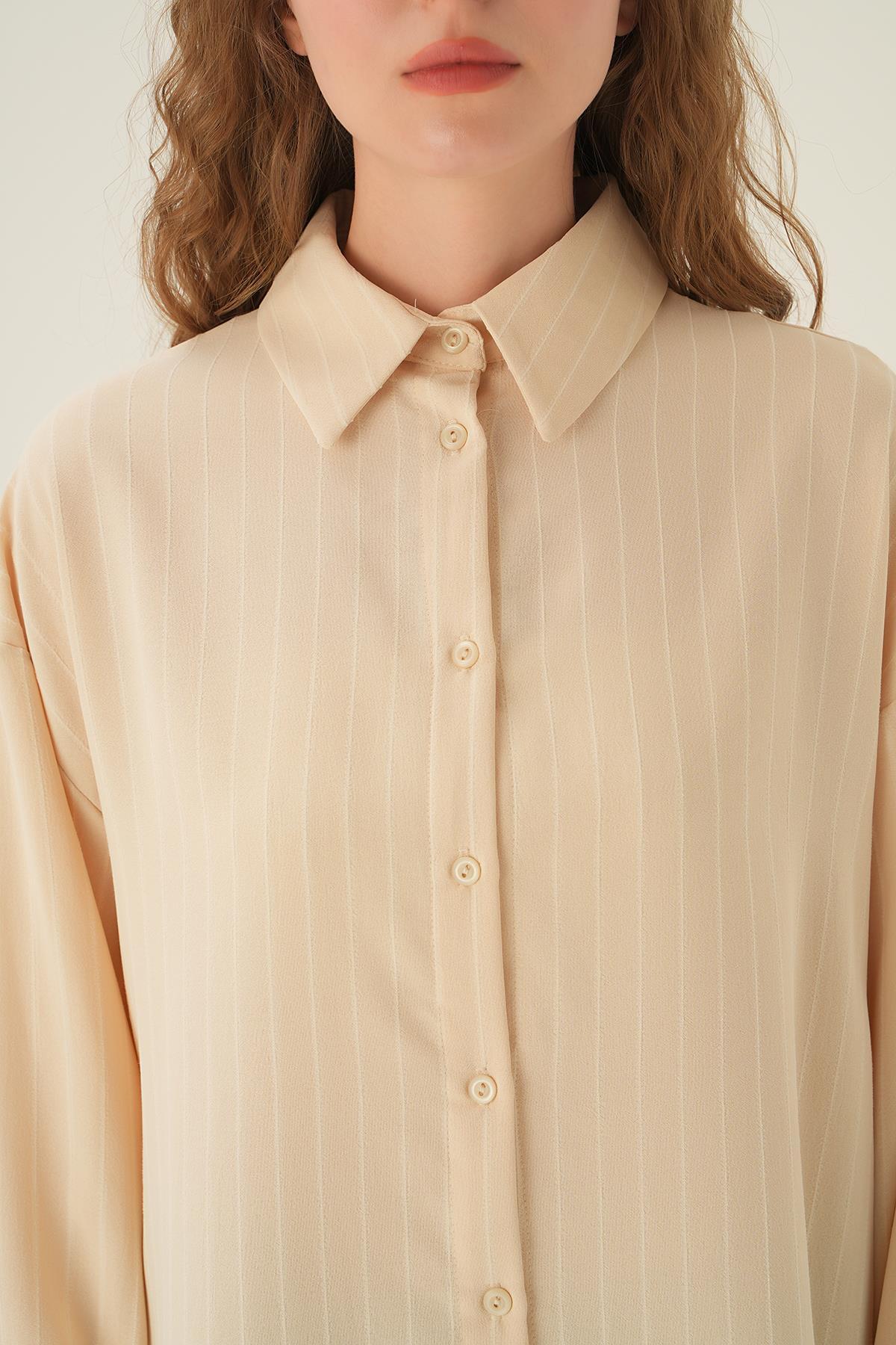 Bej Çizgili Oversize Gömlek 4013A - 5