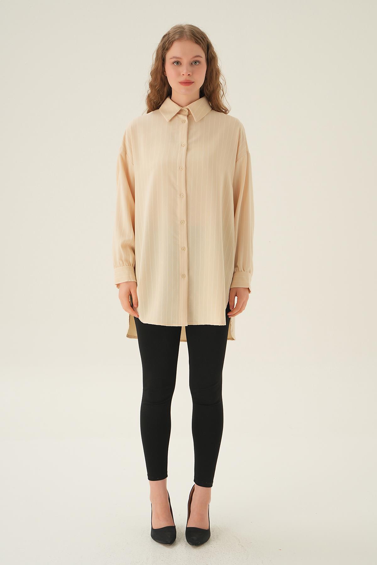Bej Çizgili Oversize Gömlek 4013A - 6