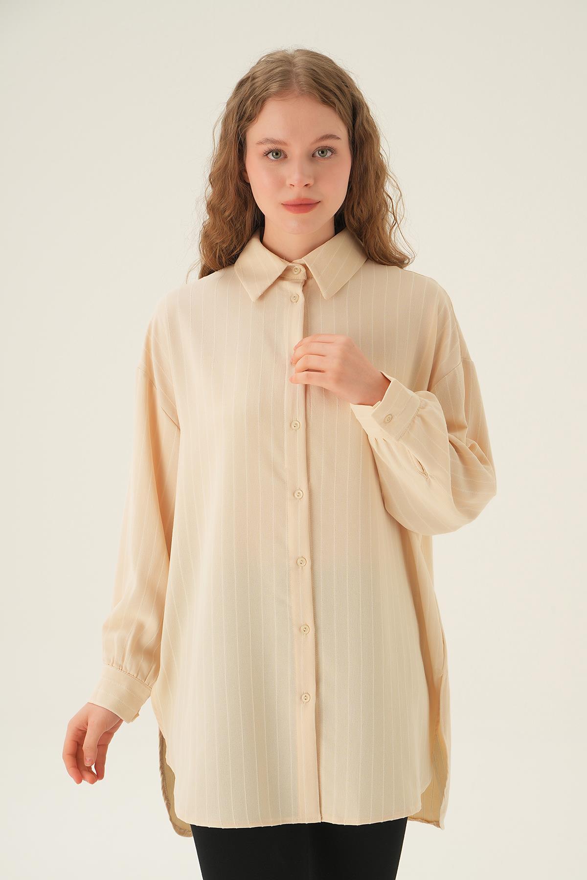 Bej Çizgili Oversize Gömlek 4013A - 1