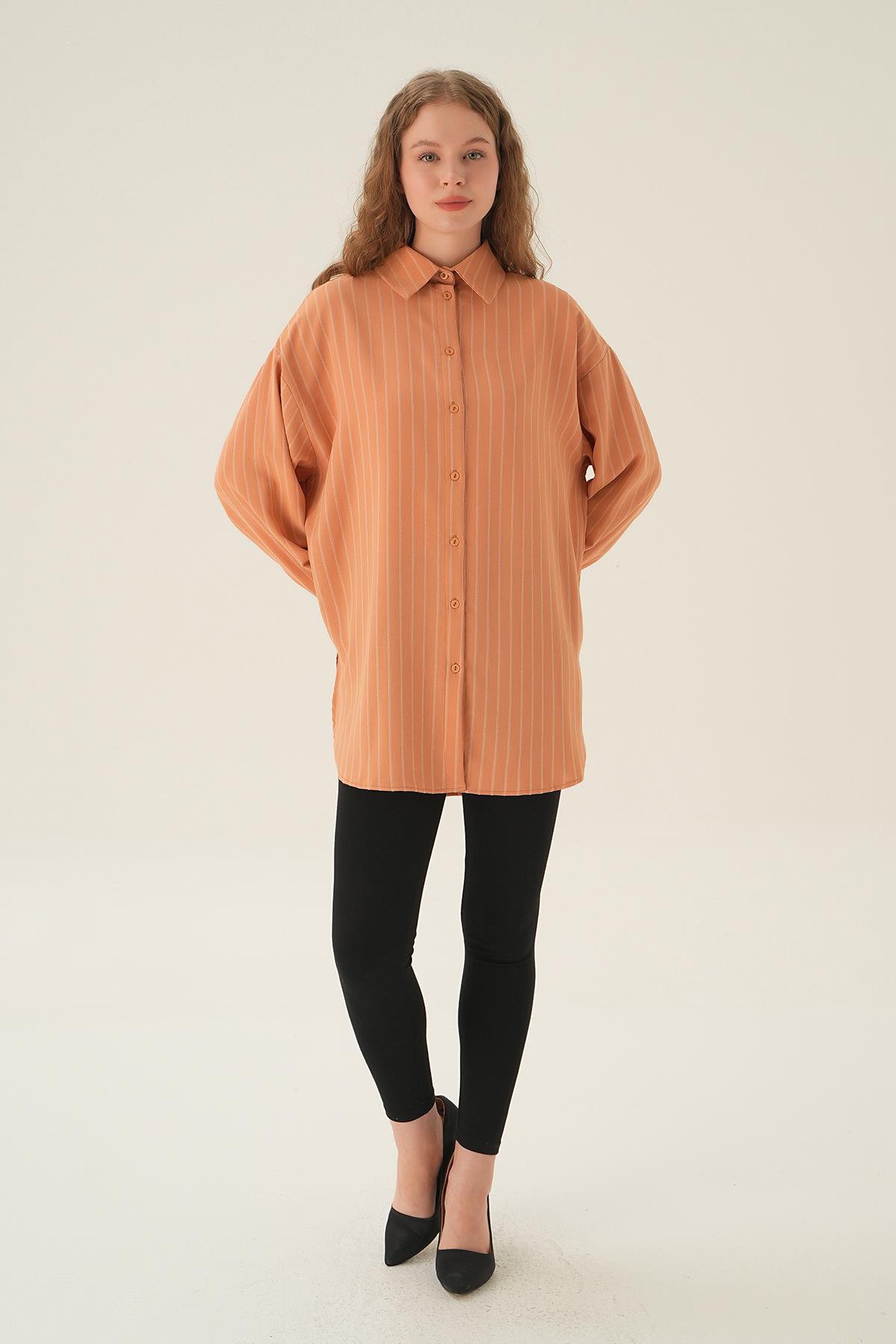 4013A Çizgili Oversize Gömlek Camel - 2