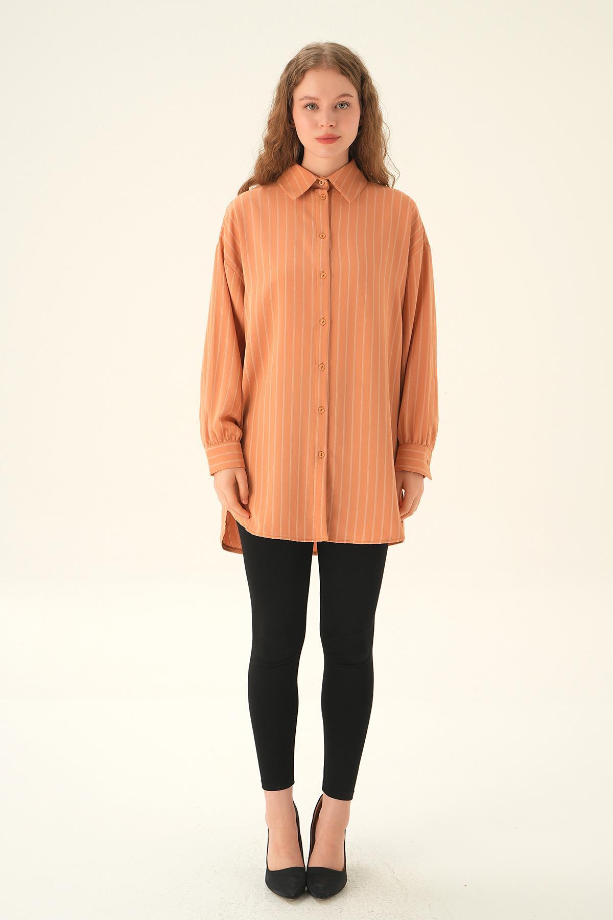 Camel Çizgili Oversize Gömlek 4013A - 6