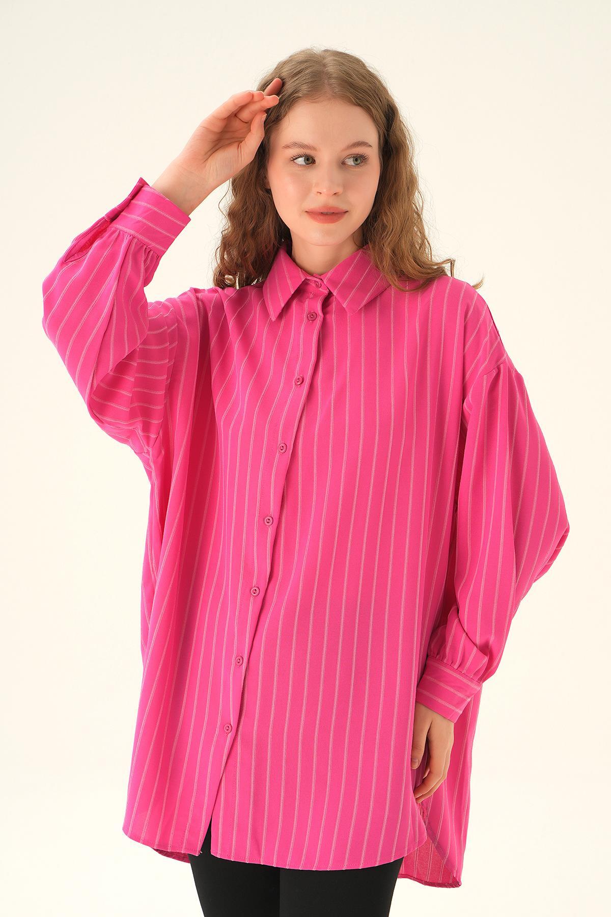 Fuşya Çizgili Oversize Gömlek 4013A - 1