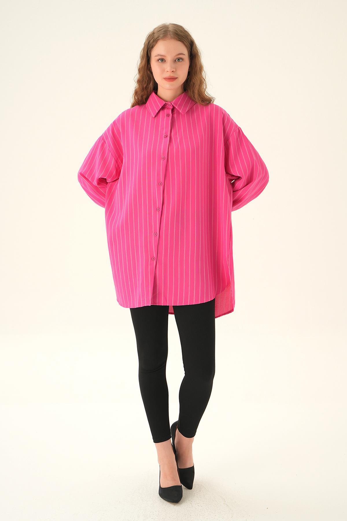 Fuşya Çizgili Oversize Gömlek 4013A - 2